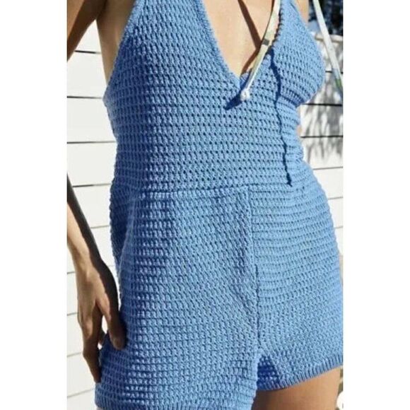 FREE PEOPLE Sz S CLEAR SKIES FAUXCHET SWEATER ROMPER PLAYSUIT BLUE ARROW - Picture 3 of 4